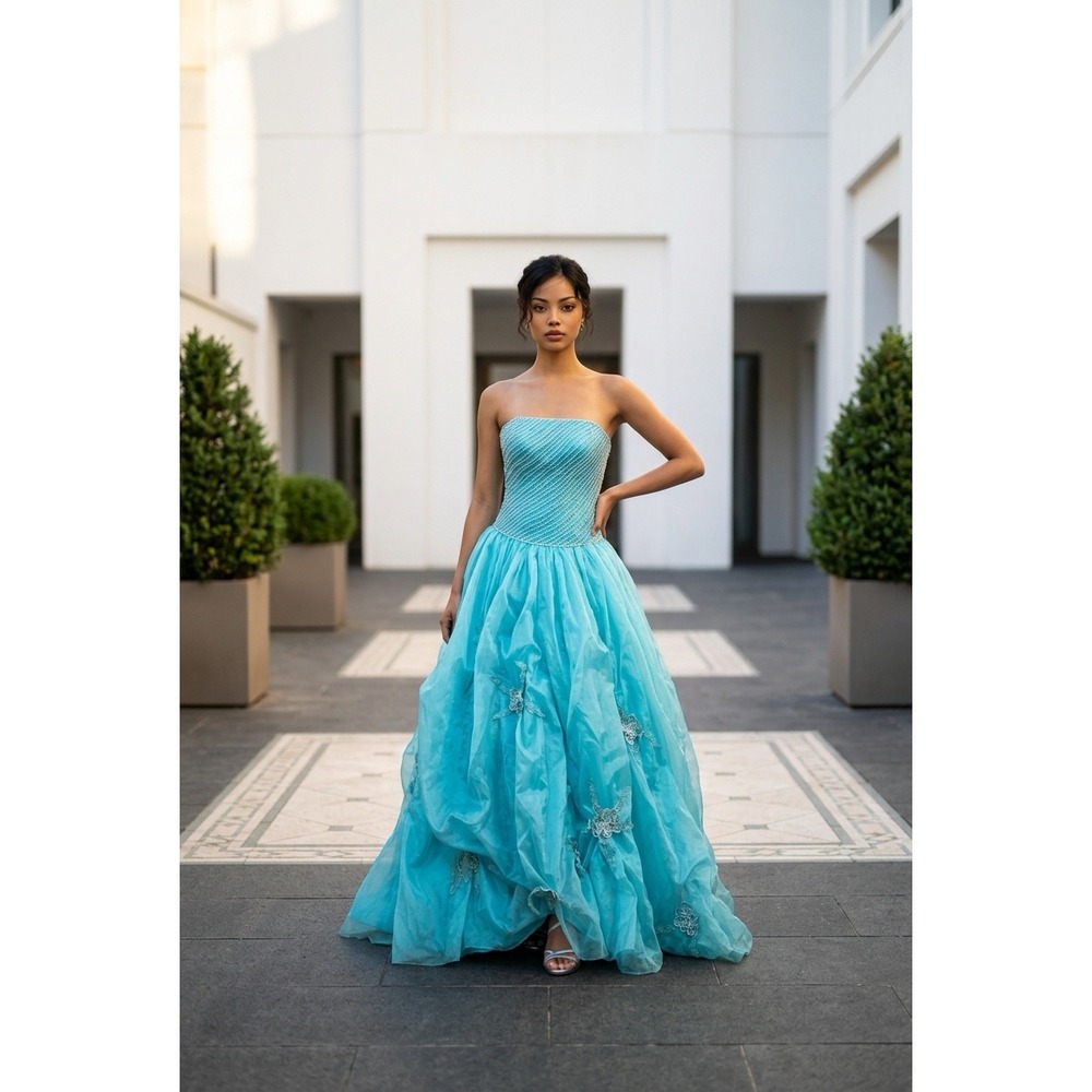 Morgan&Co Vintage Turquoise Strapless Sequin Ball Gown Prom Dress Appliques